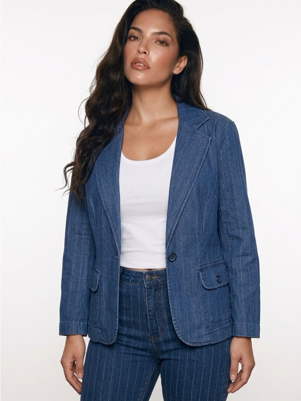 Larry Levine Stretch Striped Indigo Denim Blazer